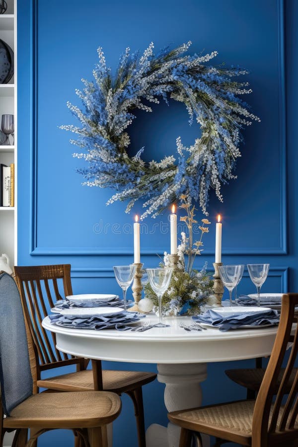 Elegant Blue Dining Room with Winter Wreath Stock Photo Image of