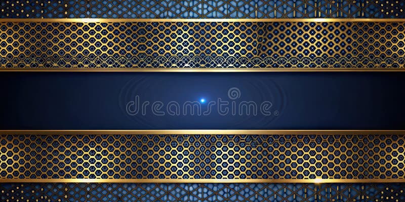 Elegant blue and gold geometric pattern design with central empty space for text or image. Generative AI stock illustration
