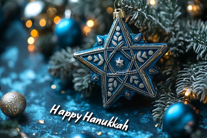 Elegant Blue Star of David Hanukkah Ornament with Festive Lights vektor illustrationer
