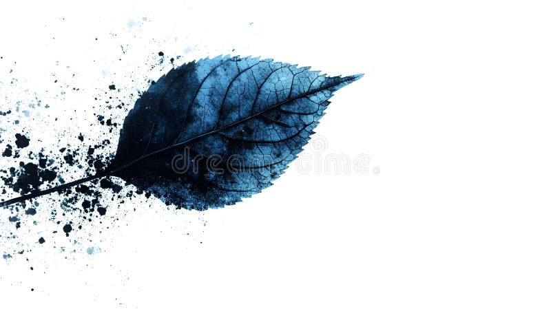 Elegant Blue Watercolor and Dark Solid Leaves Against White Background stock illustration.