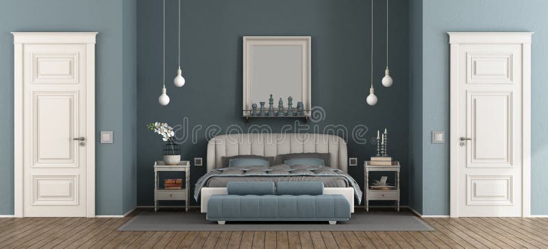 Elegant blått ledar- sovrum stock illustrationer