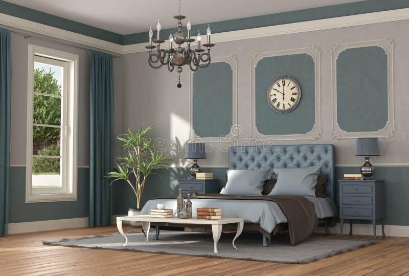 Elegant blått och grått ledar- sovrum royaltyfri illustrationer
