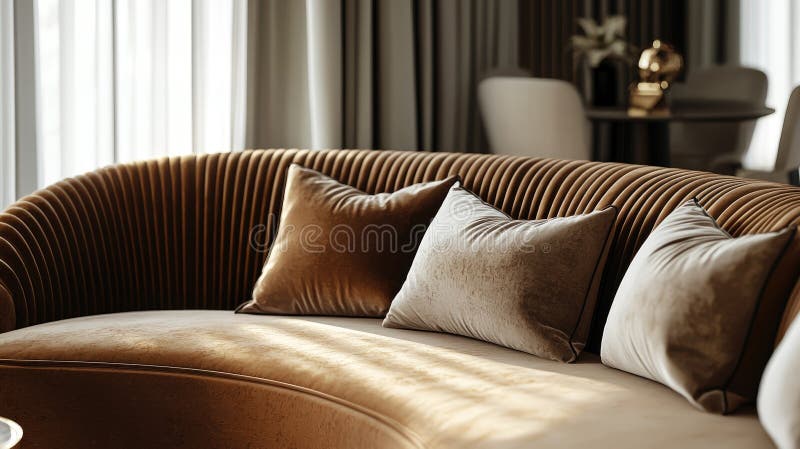 Elegant brun sofa med sammetskuddar i det moderna vardagsrummet nära stort fönster stock illustrationer