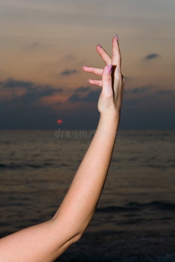 Elegant brunn-ansad kvinnlig hand mot bakgrunden av havet royaltyfria bilder Elegant brunn-ansad kvinnlig hand mot bakgrunden av havet royaltyfria bilder
