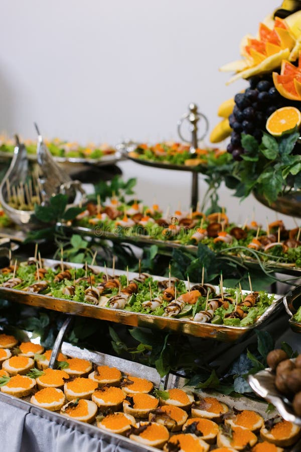 Elegant buffet with assorted appetizers and fruits. royalty free stock photo