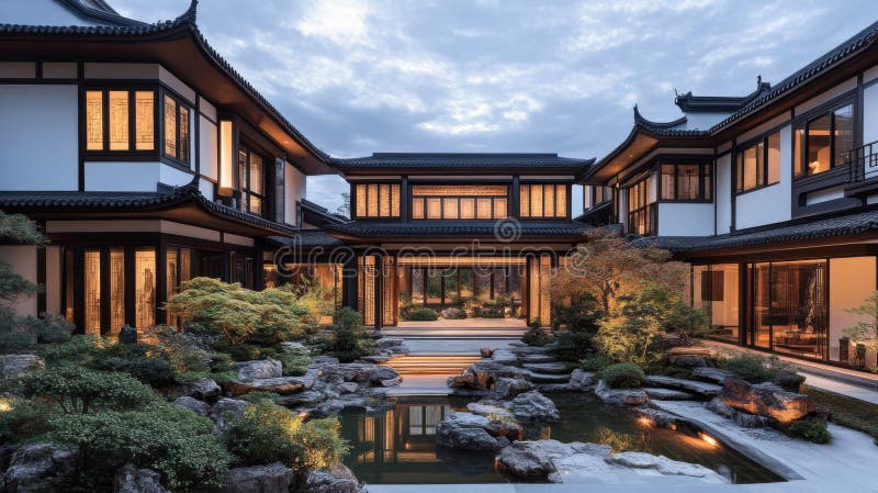 Elegant China Courtyard House i Dusk vektor illustrationer