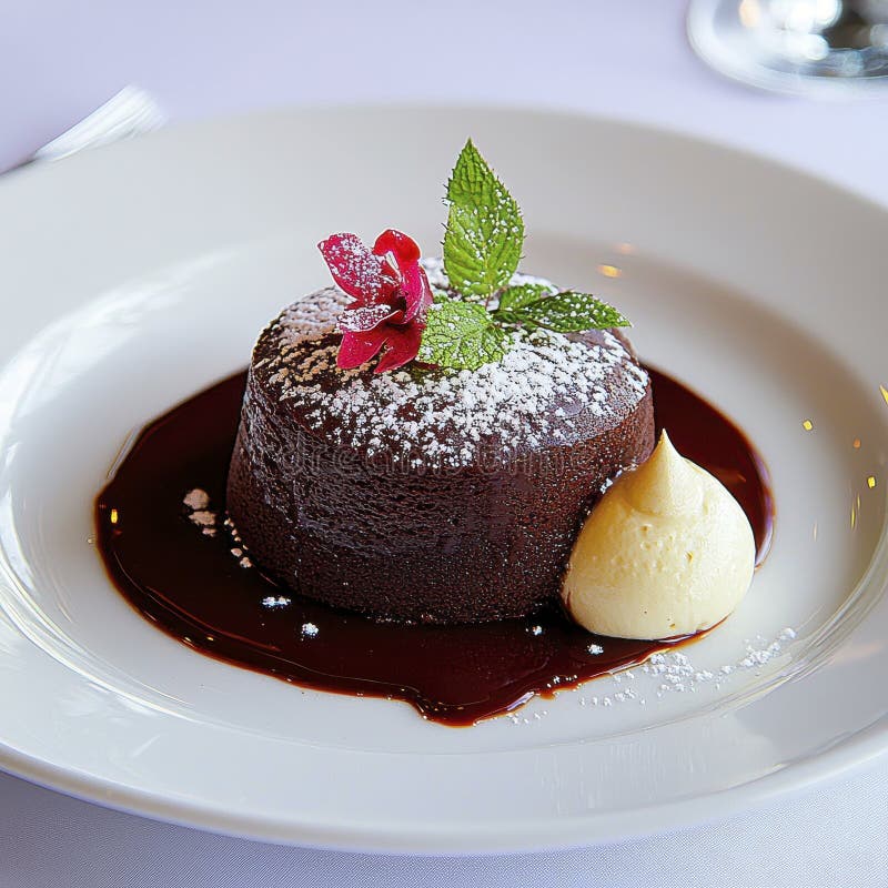 Elegant Chocolate Lava Cake med Vanilla Cream och Garnish vektor illustrationer