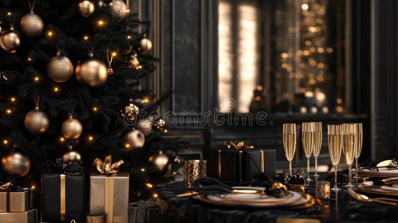Elegant Christmas Dinner Table Setting with Sparkling Decorations. AI generated
