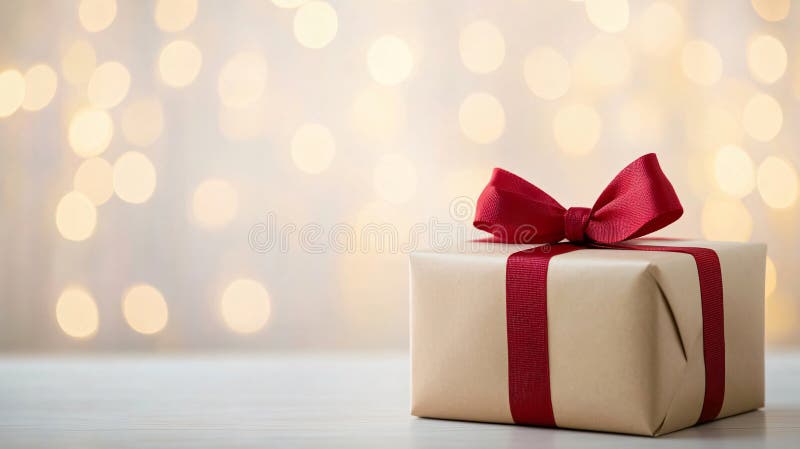Elegant christmas gift box with red ribbon on a white table with bokeh lights background, creating a festive atmosphere. Festive atmosphere created by an elegant christmas gift box with a red ribbon, set on a white table with bokeh lights in the background AI generated