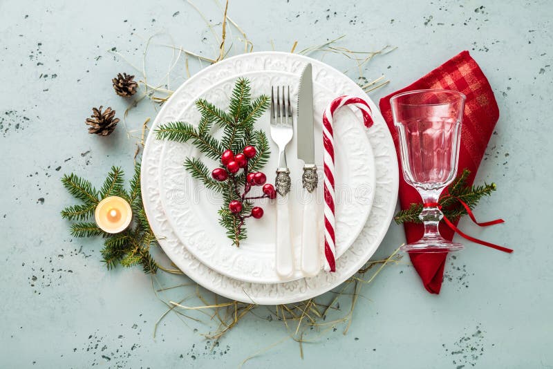 Elegant Christmas Table Setting with Festive Decorations on Whit Stock ...