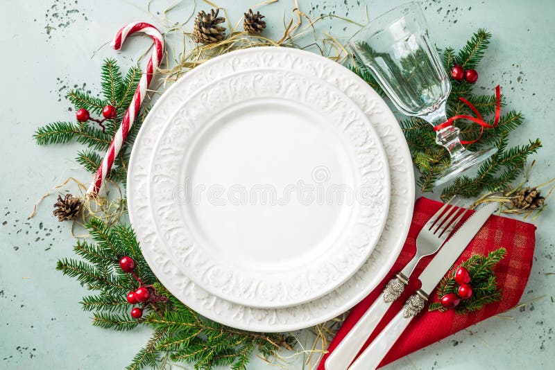 Elegant christmas table setting design top view, flat lay stock images