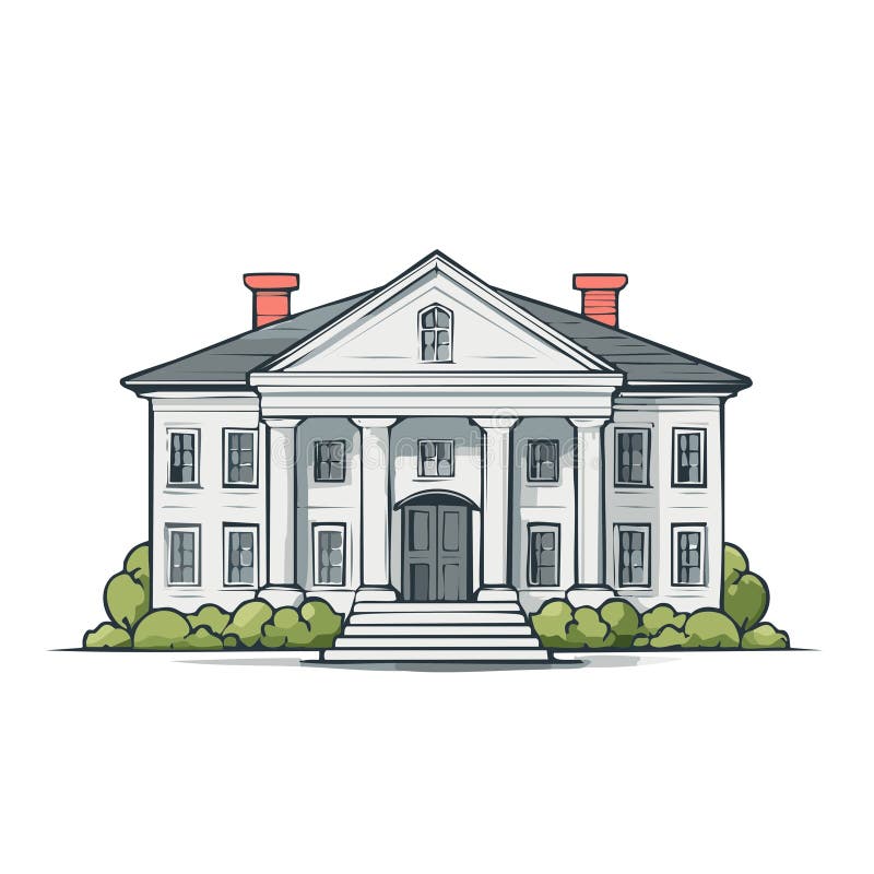 Elegant classical mansion house vector illustration with prominent columns and inviting steps stock illustration