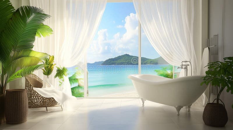 Elegant Clawfoot Bathroom Suite con una spiaggia tropicale Vista con spazio di copia creato con strumenti generici AI illustrazione di stock