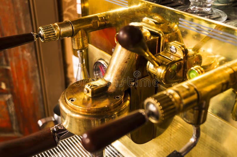 Elegant Coffee Machine with Vintage Handles and Tools Stock Image