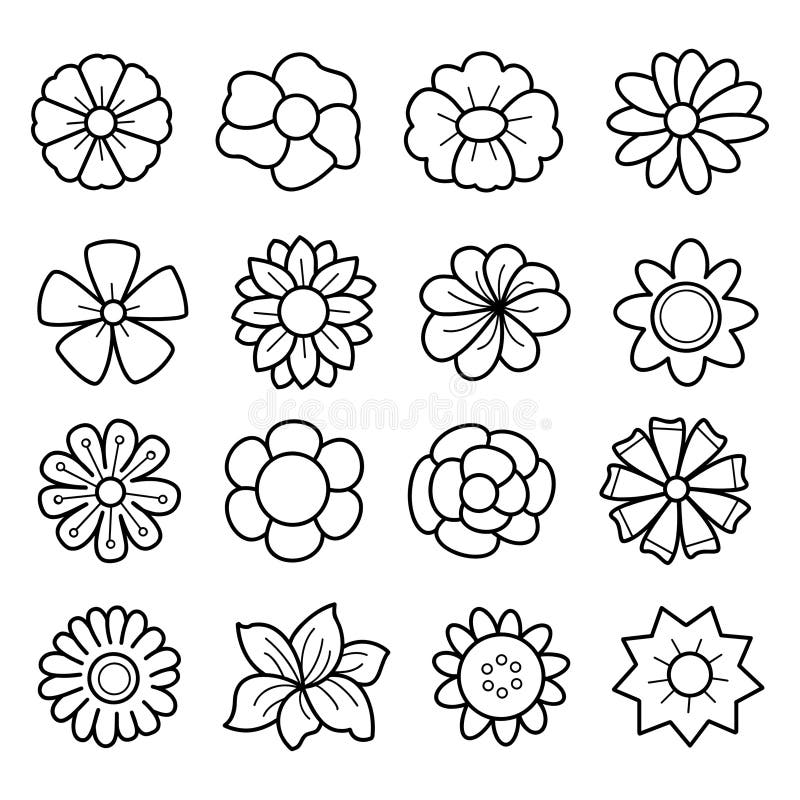 Collection of Linear Art Flowers Icons, Variety of Black and White ...