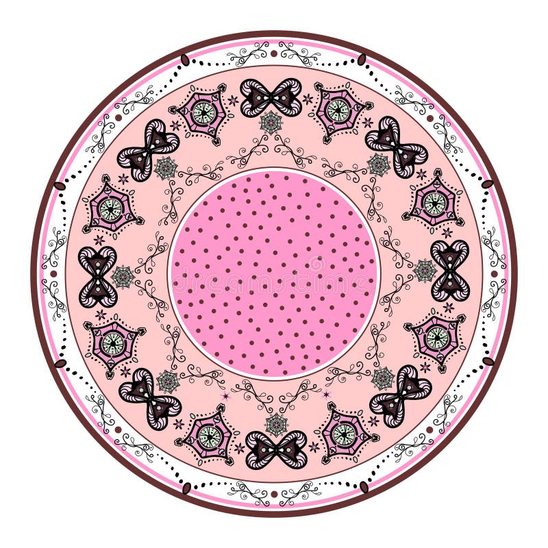 Elegant colorful circular abstract pattern. Plate with stripes and patterns. Vector with various pink, burgundy and gray elements on a white and pink background. For porcelain, elegant dishes.