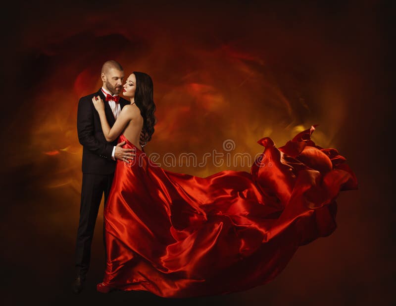 Elegant Couple Dancing in Love, Woman in Red Clothes and Lover