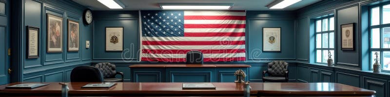 Elegant courtroom with american flag and judge's bench in classic interior setting royalty free stock photos
