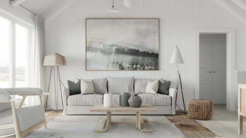 This image showcases a Scandinavian-style living room featuring a cozy grey sofa, neutral toned decorative pillows, a wooden coffee table, and minimalist decor. The vaulted white ceiling and natural light complement the serene and stylish interior, perfect for design inspirations or home decor themes. AI generated. This image showcases a Scandinavian-style living room featuring a cozy grey sofa, neutral toned decorative pillows, a wooden coffee table, and minimalist decor. The vaulted white ceiling and natural light complement the serene and stylish interior, perfect for design inspirations or home decor themes. AI generated