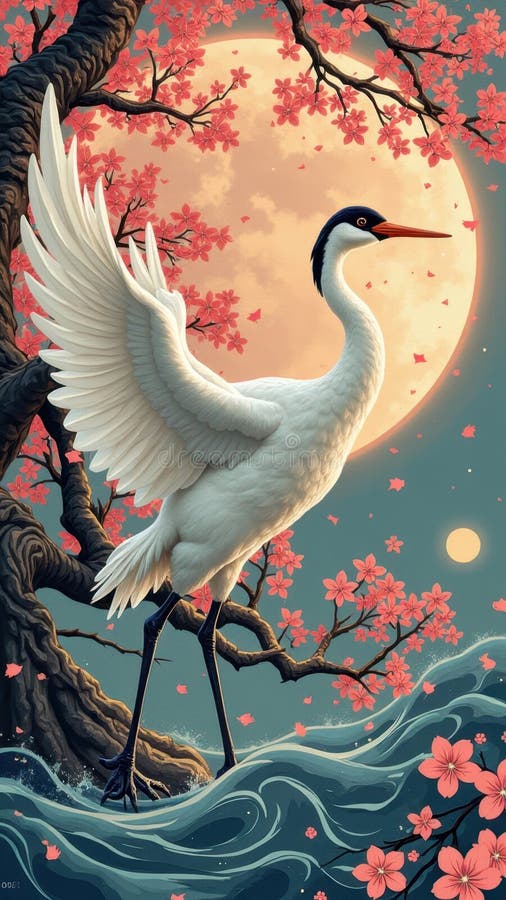 Elegant crane standing amidst cherry blossoms against a full moon sky stock photos