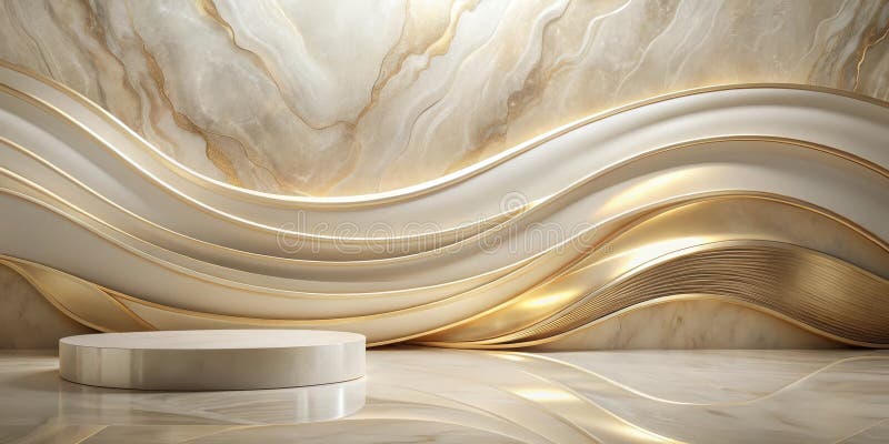 Elegant cream and gold abstract wave background with circular display platform. Generative AI royalty free illustration