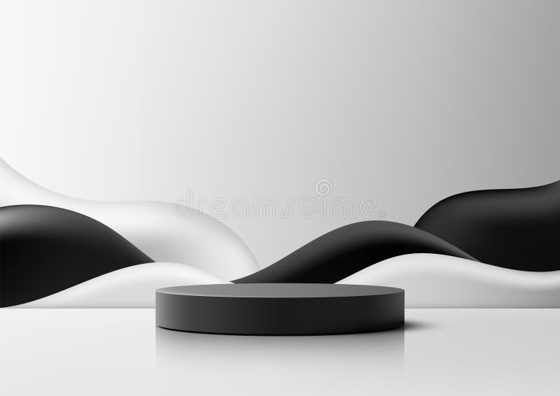 Elegant 3d mörkgrå cylindrisk podium på vit yta, moderna abstrakta vätskeformer presentationsbildskärmsuppslag stock illustrationer