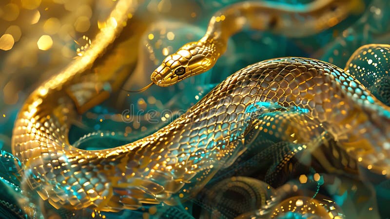Elegant 3D Rendering Magnificent Golden Snake Poised Gracefully on Vibrant Turquoise Background royalty free illustration
