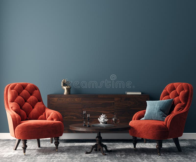 Elegant dark interior with bright red armchairs vector illustration