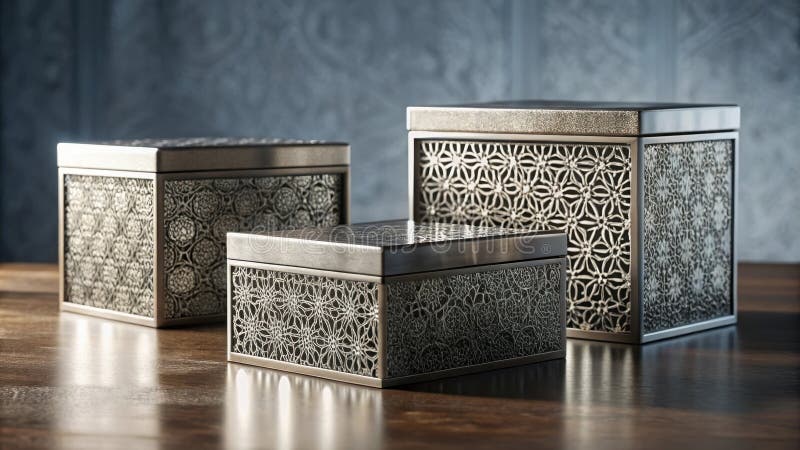 Elegant decorative boxes with intricate metalwork designs on wooden surface. Generative AI royalty free illustration