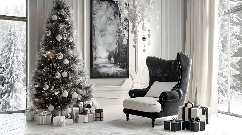 Elegant dekorerade julklappar i vardagsrummet som visar en vacker trädschisk möbler och snyggt presentemballage för en festlig. Den här bilden har ett häpnadsväckande dekorerat christmas-vardagsrum som är komplett med en vackert adorerad julgranad luxuriös armstol och elegant inlindade presenter som skapar en varm och välkomnande semesterambitioner