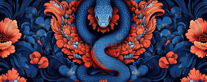 Elegant design featuring a serpent surrounded by vibrant flowers in bold colors royalty free stock photos