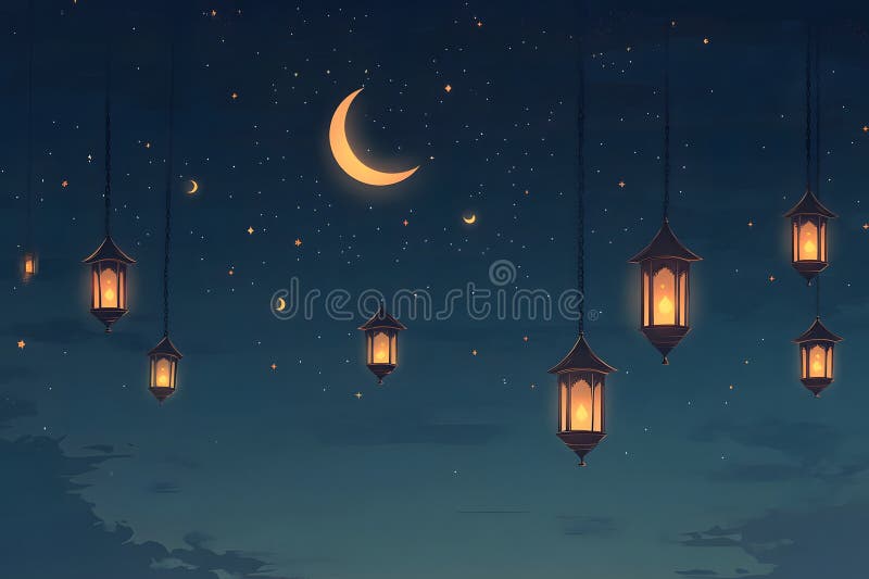 Elegant Design of Lanterns with Crescent Moon and Stars stock photos