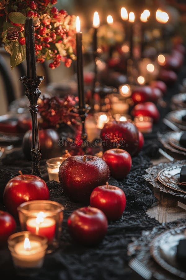 Elegant dinner setting with red apples and candlelight at a festive gathering in autumn stock images