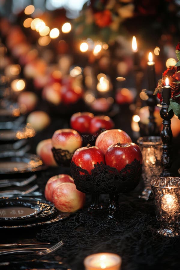 Elegant dinner setting with red apples and candlelight at a festive gathering in autumn stock photos