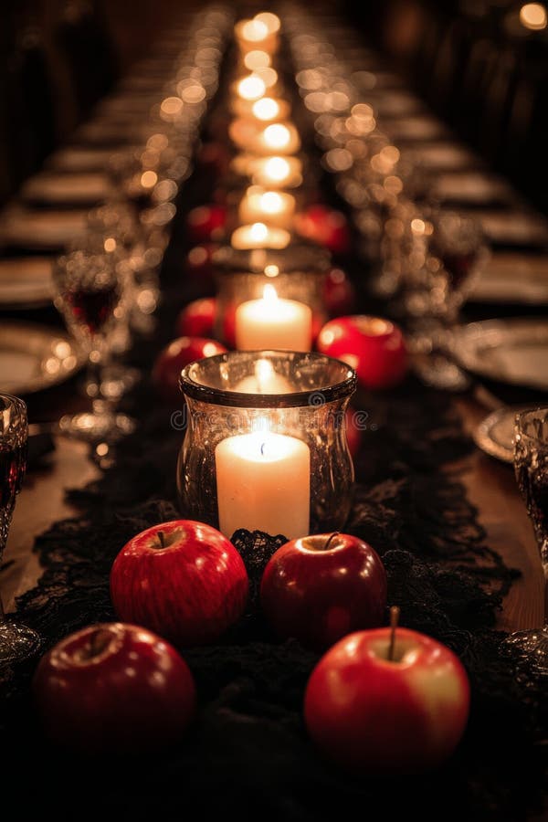 Elegant dinner setting with red apples and candlelight at a festive gathering in autumn stock photo
