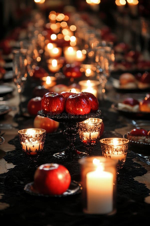 Elegant dinner setting with red apples and candlelight at a festive gathering in autumn royalty free stock image