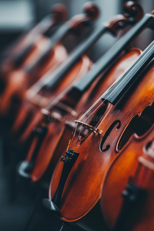 An elegant display features a collection of polished wooden violins royalty free stock photos