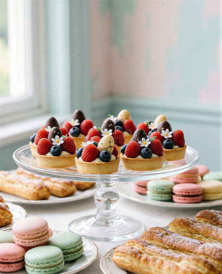 Elegant display of fruit tarts and pastries on glass stand by window royalty free stock images