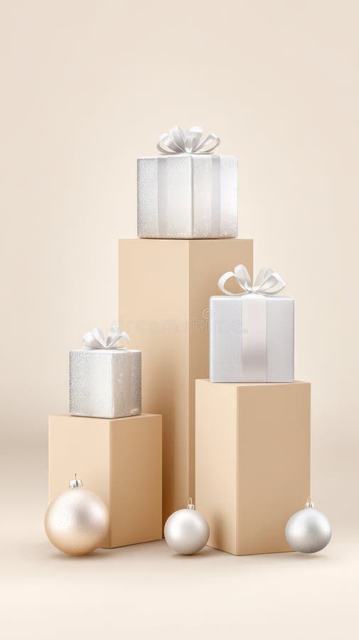 Elegant display of gift boxes with silver ribbons and christmas ornaments royalty free stock photo
