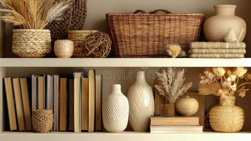 Elegant Display of Neutral Decor Elements on Shelves Featuring Woven Baskets, Vases, and Books in a Cozy Interior royalty free stock photography