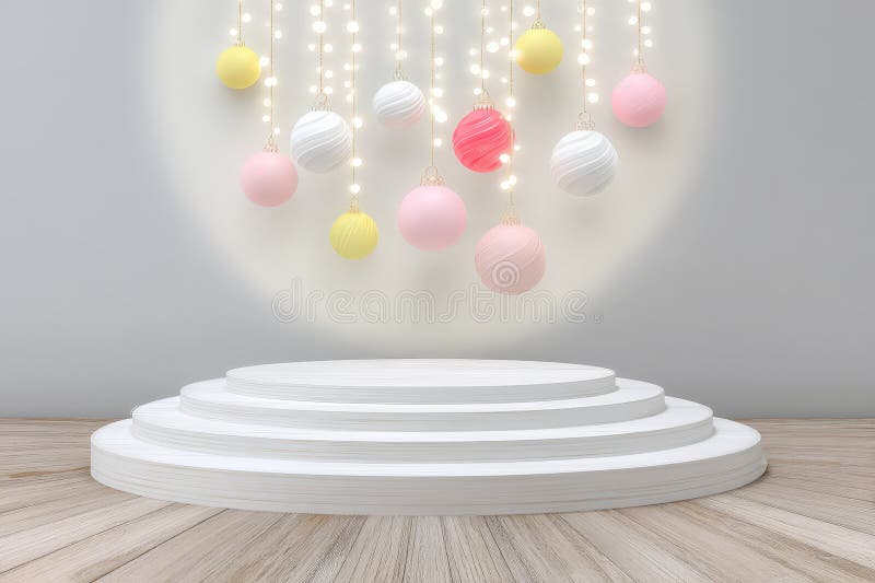 Elegant display platform with hanging pastel ornaments and decorative lights stock photo