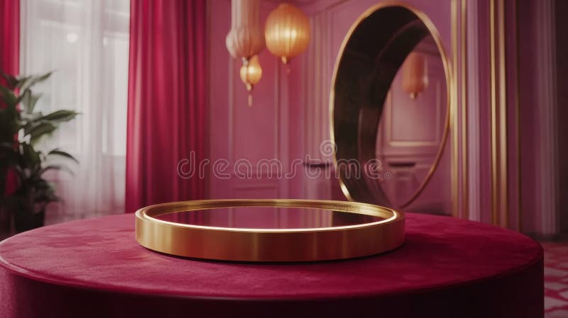 Elegant display setting with round mirror and rich velvet textures royalty free stock images