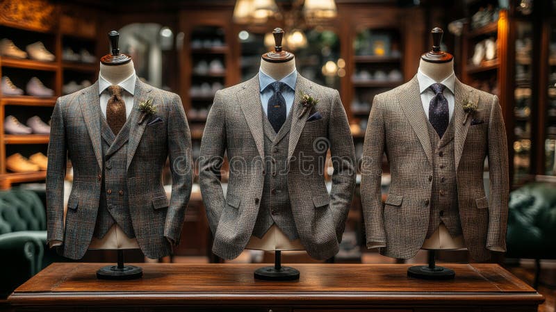 Elegant display of tailored suits in a sophisticated menswear shop setting during daylight hours Generative AI. Three finely tailored suits are showcased on mannequins inside a classic menswear shop. The shop features rich wooden decor, showcasing refined fashion for formal occasions. AI generated