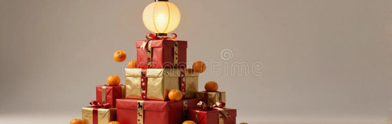Elegant display of wrapped gifts with oranges and lantern royalty free stock photo