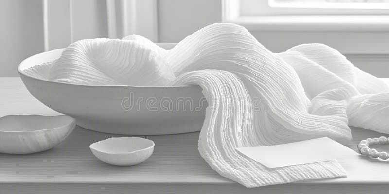Elegant Draped White Fabric in Ceramic Bowl Minimalist Still Life Fotografia illustrazione vettoriale