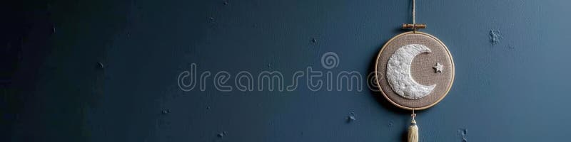 Elegant embroidery of crescent moon and star on blue textured wall royalty free illustration