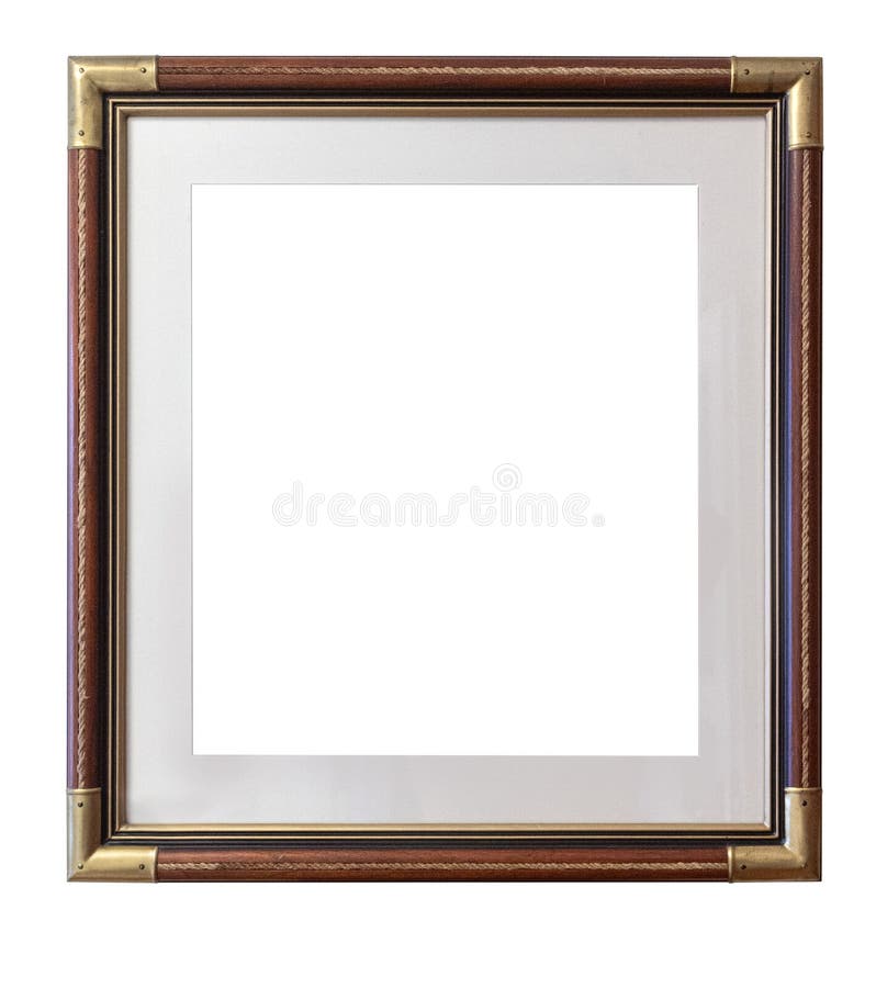 Elegant empty frame with brass corners displaying classic design. Square frame featuring wooden and brass elements, perfect for art display