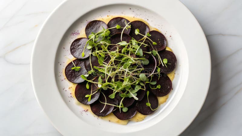 Elegant 'från gård till bord'-dukning med svart rättikacarpaccio, vit tallrik, modern konst och en fin matlagningsatmosfär royaltyfri illustrationer