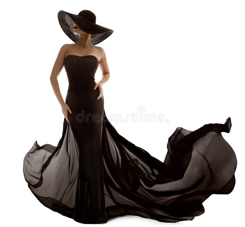 Elegant Fashion Model in Black Dress. Sexy Woman Silhouette in Hat. Luxury Lady in Long Evening Gown with Waving Fabric over White