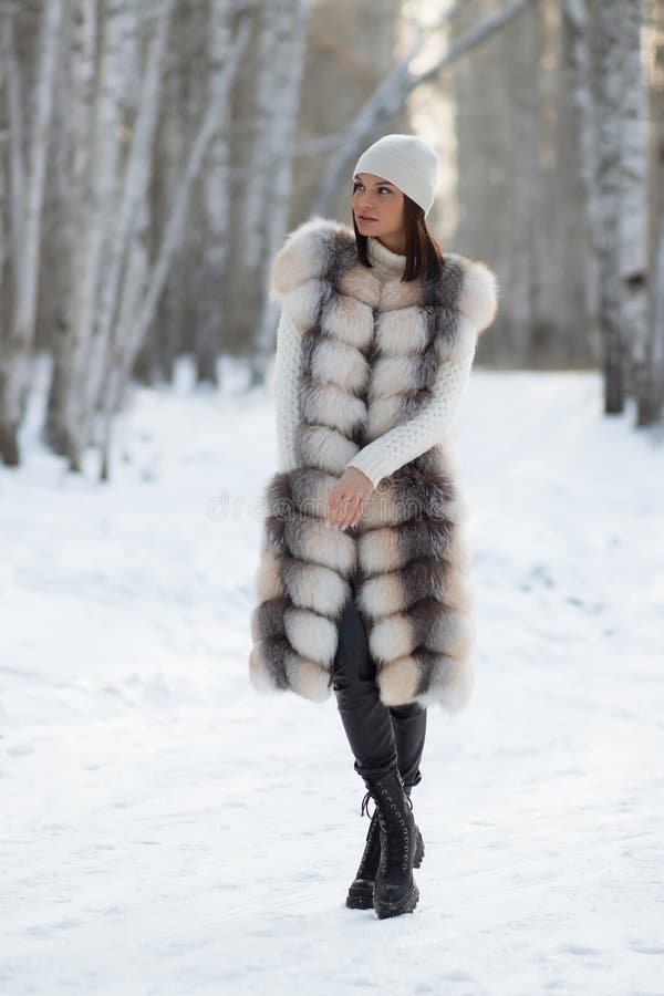 Elegant Female in Winter Clothes in Woods Stock Image - Image of